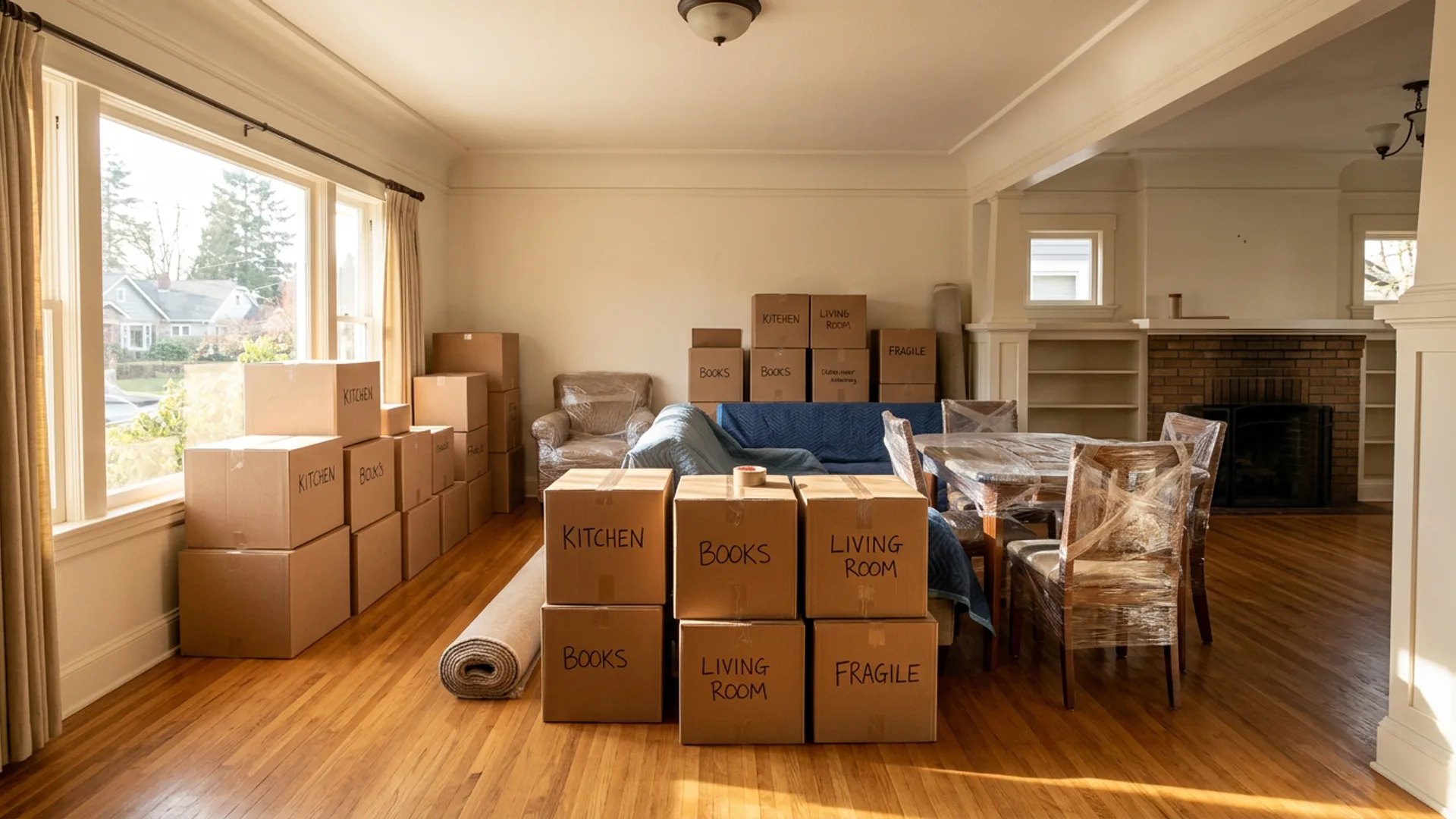 A moving crew carrying boxes into a home